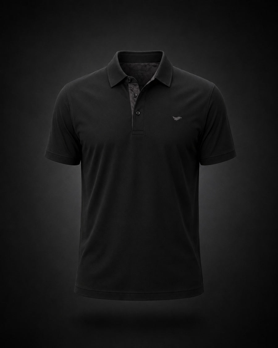 ARVENTIS ASCENT moisture-wicking golf polo, Obsidian colorway, studio product shot